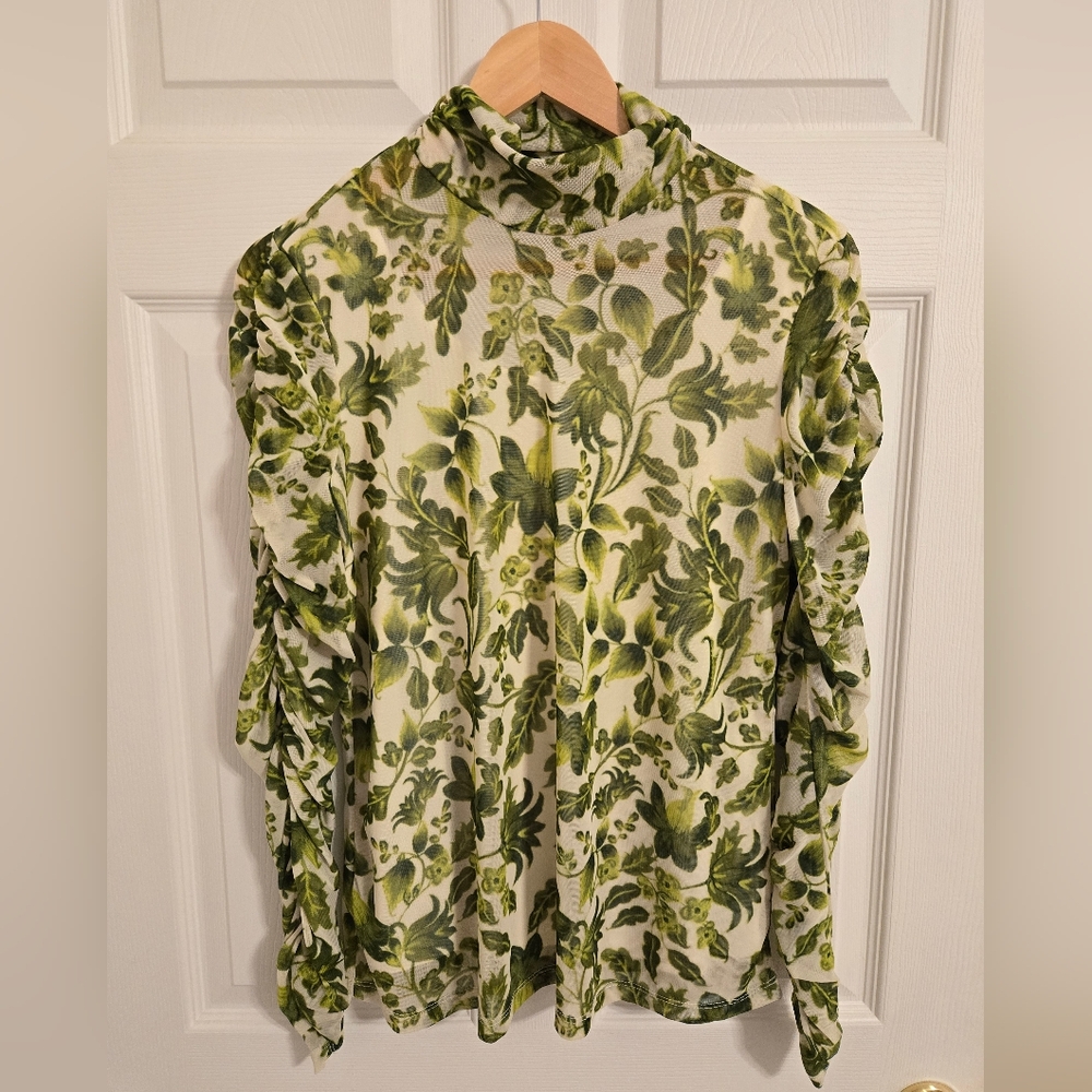 Susan Graver Floral Green Blouse Mock Turtleneck Lightweight Size Small